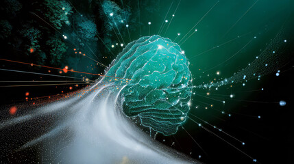 Abstract background. A glowing AI core radiates streams of light across a digital matrix. Central glowing AI core with waves of nodes spiraling outward, connected by digital lines.