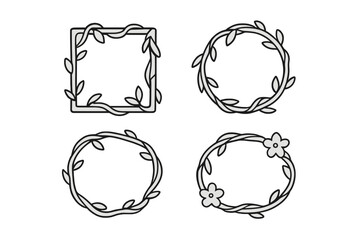 Minimalist botanical frames and wreaths with intertwined branches and foliage