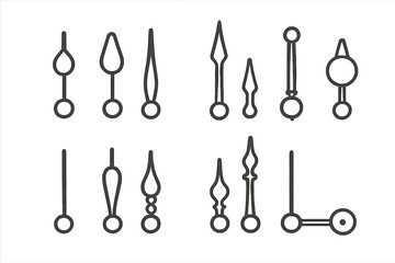 Collection of clock hands arranged in various styles and shapes on a white background