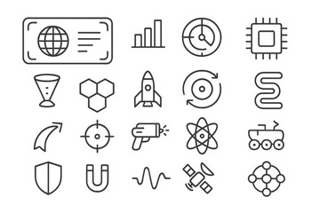 Fototapeta premium Designs of technology and science symbols showing graphs, gears, rockets, and more in a grid layout for educational purposes