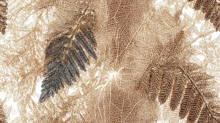 Illustration of an intricate linework botanical drawings of various ferns and leaves in a seamless repeating pattern. Uniform, bright light, highlighting every fine line and texture.