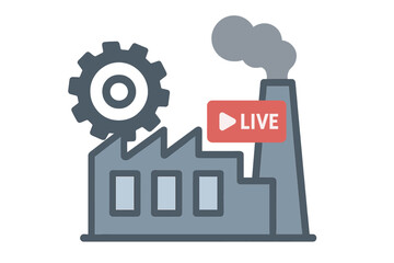Obraz premium Factory setting with a gear, smoke, and a live broadcast sign showing activity in a manufacturing place