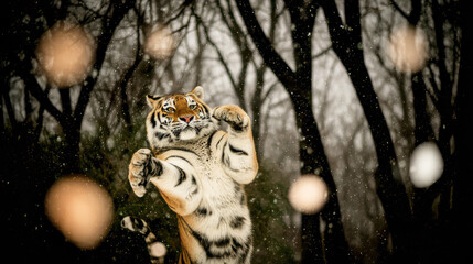 Close-up photo of an adult Amur tiger making a high jump toward the photographer. Its entire figure exudes power and natural strength and his muscles ripple under the striped coat. Endangered animals.