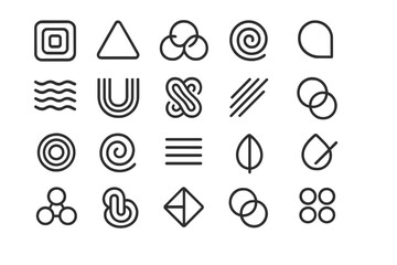 Simple geometric shapes and lines arranged in a grid pattern on a white background