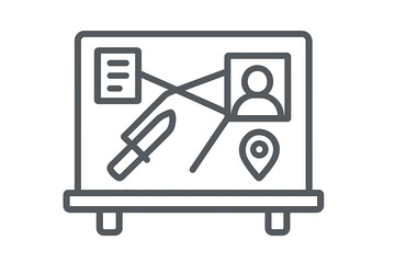 Board shows connections between different elements with images, text, and a location marker while a knife is featured