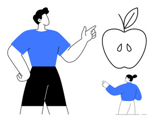 Healthy eating, education, nutrition, guidance, lifestyle, choice. A person pointing at an apple graphic. Healthy eating and education concept emphasizing nutrition guidance and lifestyle improvement
