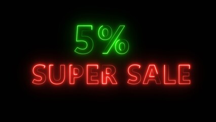 Neon 5% super sale illustration number.  Neon business promotion discount offer. Sale special offer, Neon text.