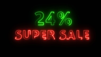 Neon 24% super sale illustration. Neon glowing percentage discount offer. Neon percentage number. Business percent offer.