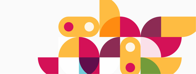 Naklejka premium Abstract geometric shapes overlap, creating vibrant colorful composition. Circles, semicircles, rectangles form playful pattern.