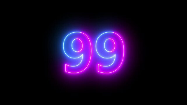 99 number neon bright glowing animation on black background 4k video.