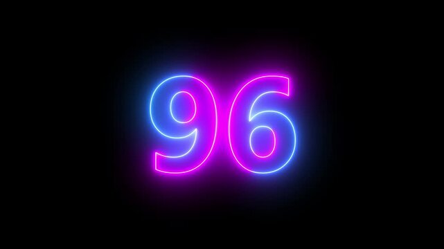 96 number neon bright glowing animation on black background 4k video.