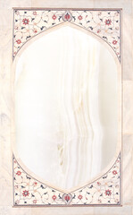 Vertical or horizontal background with frame with ancient tile decor on marble wall. Backdrop with border with floral ornament. Mock up frame template. Copy space for text