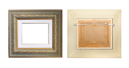 Framing industry. Vintage gilded frame and back side of picture frame. Retro picture frame with passe-partout and reverse side of wood baguette for embroidery stretching, painting. Isolated on white