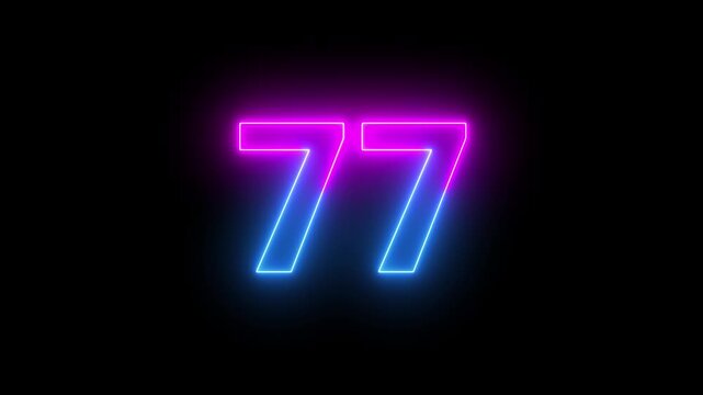 77 number neon bright glowing animation on black background 4k video.