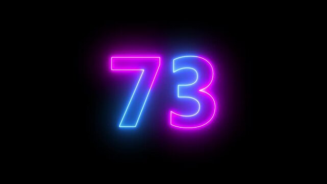 73 number neon bright glowing animation on black background 4k video.
