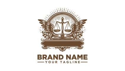 Symbolic justice scales engraving with book and wings, a classic vector illustration for a legal logo icon.