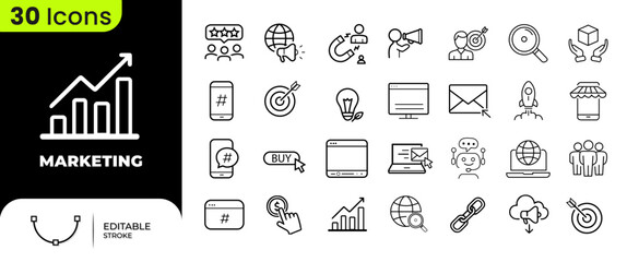 Marketing Strategy Line Icons Set – Digital Advertising, SEO, Analytics and Branding Vector Icons