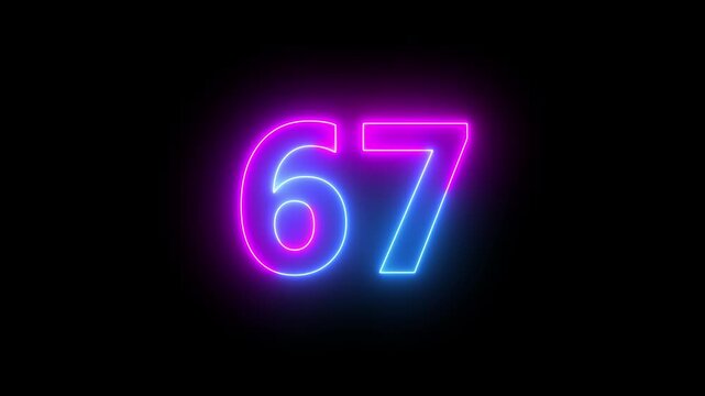 67 number neon bright glowing animation on black background 4k video.
