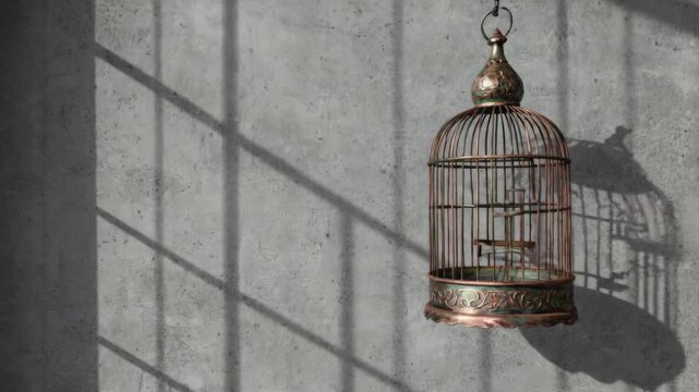This features a vintage bird cage with a rich rust patina against a textured concrete wall with a hint of sunlight. The metal cage's intricate design contrasts beautifully with the aged texture.