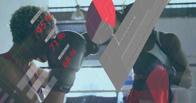 Two female boxers sparring in ring, left boxer advancing with jabs, animated sports data overlaying