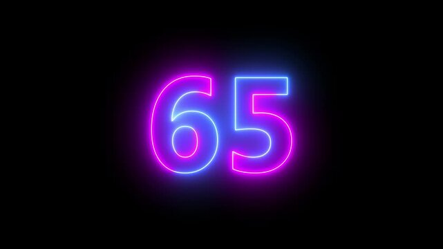 65 number neon bright glowing animation on black background 4k video.