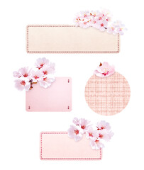 Set of organic paper price tag with a branch of blooming sakura. Collection of eco-friendly paper labels with sakura flowers. Nostalgic scrapbooking style. Isolated on white. Sakura blossoming season