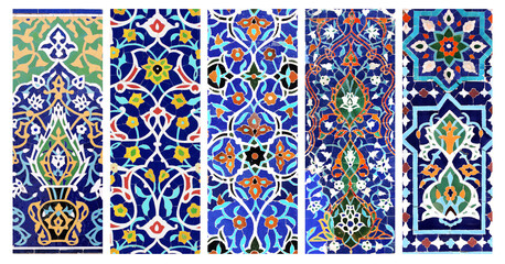 Set of horizontal or vertical banners with detail of ancient mosaic walls with floral and geometric ornaments. Collection of background with traditional islamic tile decoration. Tile decor on old wall