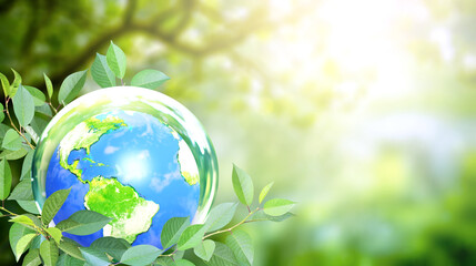 Horizontal banner with Earth in glass ball on green leaves. Ecology, go green concept. Environmental and conservation protection background. Sunny summer backdrop with globe and plants. 3d render