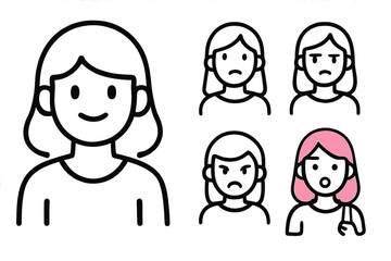 Different expressions shown by a female character in various facial reactions and emotions