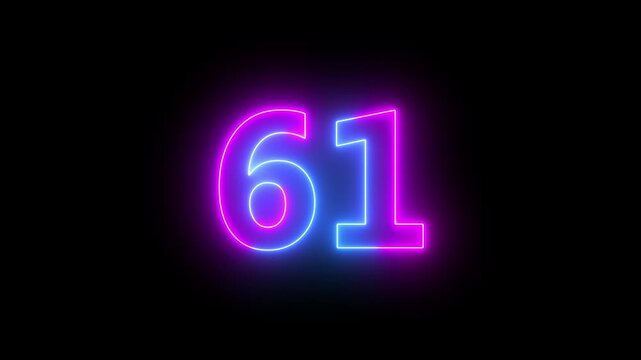 61 number neon bright glowing animation on black background 4k video.