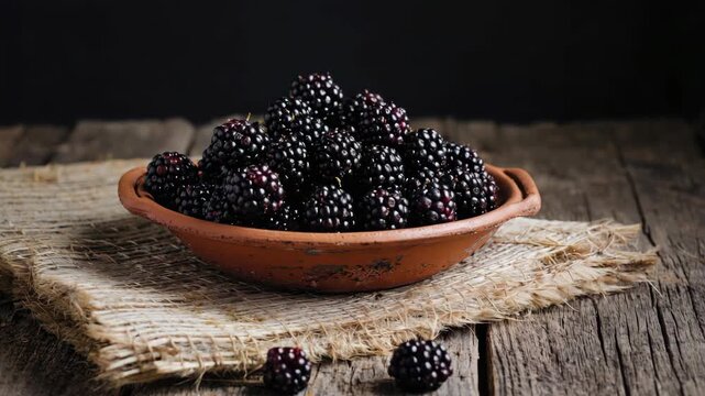 Bowl of fresh blackberries on wooden table.