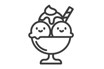 Two smiling ice cream scoops in a bowl with whipped cream and a straw on top enjoyed at a summer event in an outdoor setting with friends