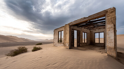 Wind-blown sand covering an abandoned structure in a drought zone. Water crisis and water shortage in summer during long drought is a global problem of drought on the planet.