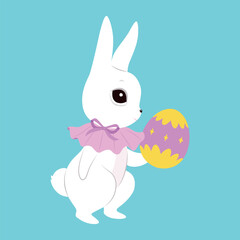 Cute white Easter bunnies, color clothes, cutie bows, pattern eggs. Spring collection. Sticker design. Set of easter eggs, pretty rabbits. Happy Easter. Greeting cards, birthday decoration, poster art