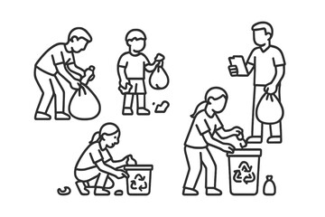 Outline icons set showing people cleaning up the environment and promoting waste management