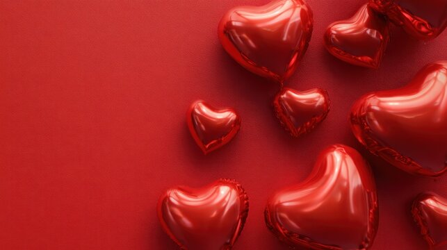 Valentine’s Day Heart Balloons On Red Background – Romantic, Festive Decor For Love Celebration, Self-Love, Friendship Gifts, And Warm Emotional Connection - Powered by Adobe