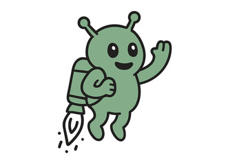 Friendly cartoon alien character flying with a jetpack waving hand isolated
