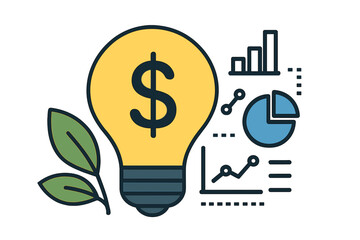 Lightbulb with dollar sign, green leaves, and financial charts symbolizing sustainable business growth