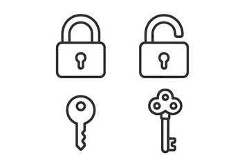 Closed and open padlocks with modern and antique keys for security access