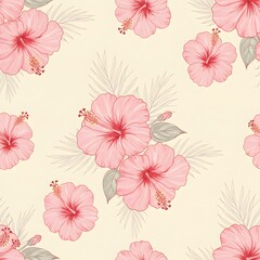 Obraz premium Seamless Pink Hibiscus Floral Pattern with Tropical Leaves