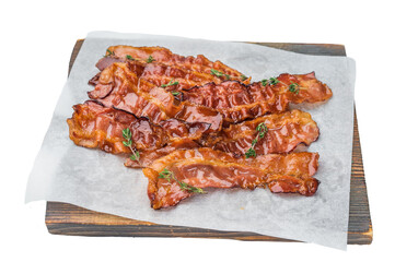 Golden crispy bacon rashers with rich sizzling pork glaze served on parchment with thyme perfect for culinary and menu designs.