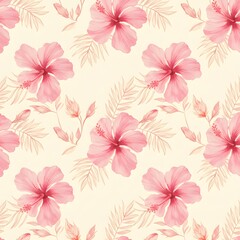 Obraz premium Watercolor Pink Hibiscus Floral Seamless Pattern