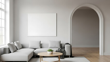 Fototapeta premium Modern Minimalist Living Room Interior Design. White Sofa, Blank Wall Canvas Mockup, Wood Coffee Table, and Arched Doorway. Contemporary Home Decor Concept.