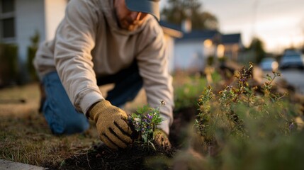 A man is planting a flower in a garden