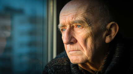Elderly man with deep blue eyes looking pensively out of a window, soft natural light highlighting facial wrinkles and contemplative expression in cozy indoor setting