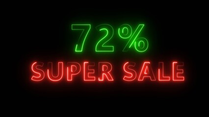 Neon 72% super sale illustration. Neon glowing percentage discount offer. Neon percentage number. Business percent offer.