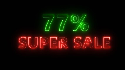 Neon 77% super sale illustration. Neon glowing percentage discount offer. Neon percentage number. Business percent offer.