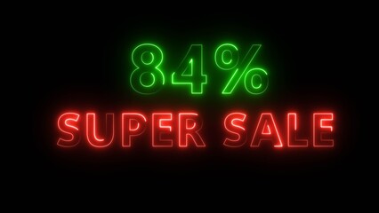 Neon 84% super sale illustration. Neon glowing percentage discount offer. Neon percentage number. Business percent offer.