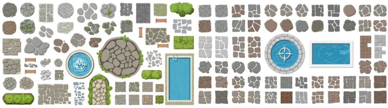 Vector Top View Landscape Elements Set Featuring Paving, Swimming Pool, and Circular Fountain for Site Plans