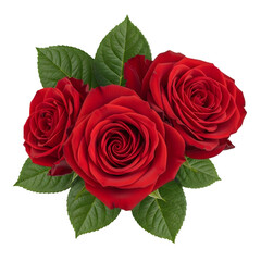 Naklejka premium Three red roses with green leaves isolated on transparent background